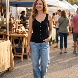 Ambiance Black Scoop Neck Tank with Button Front